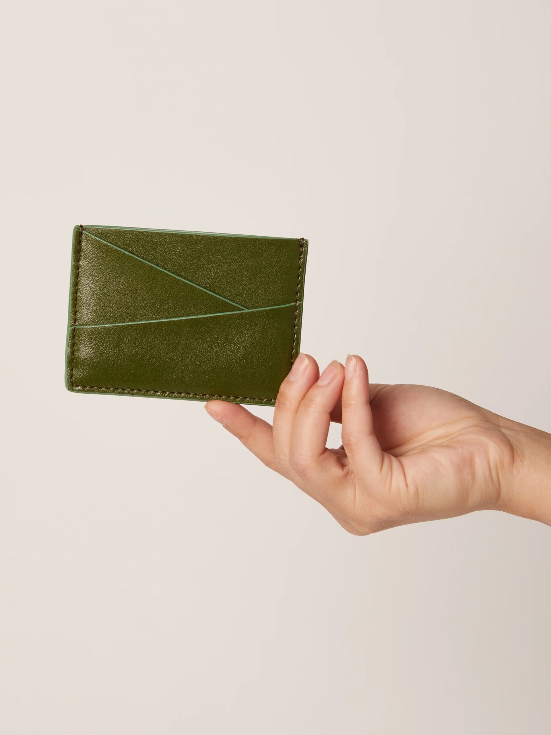 A hand holding up an Allegorie green card holder. 