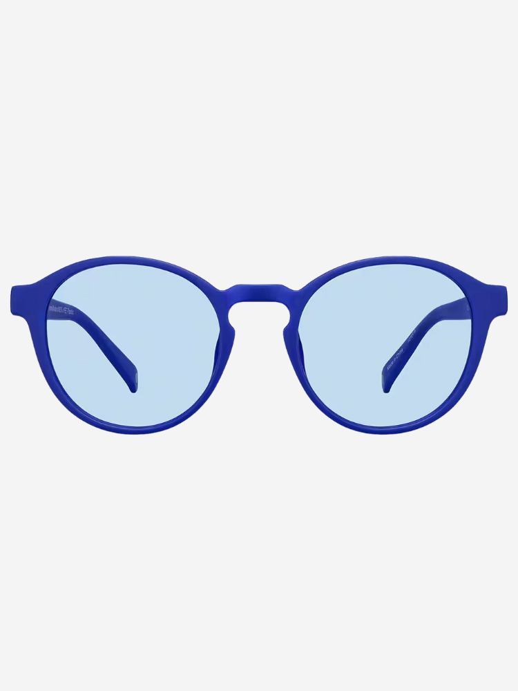 Blue oval-framed eyeglasses with light blue lenses, shown from the front.