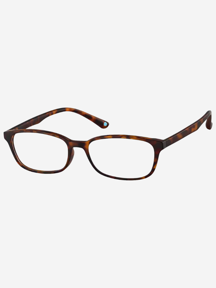 Rectangular tortoiseshell eyeglasses with thin frames and slightly curved temples displayed on a white background.