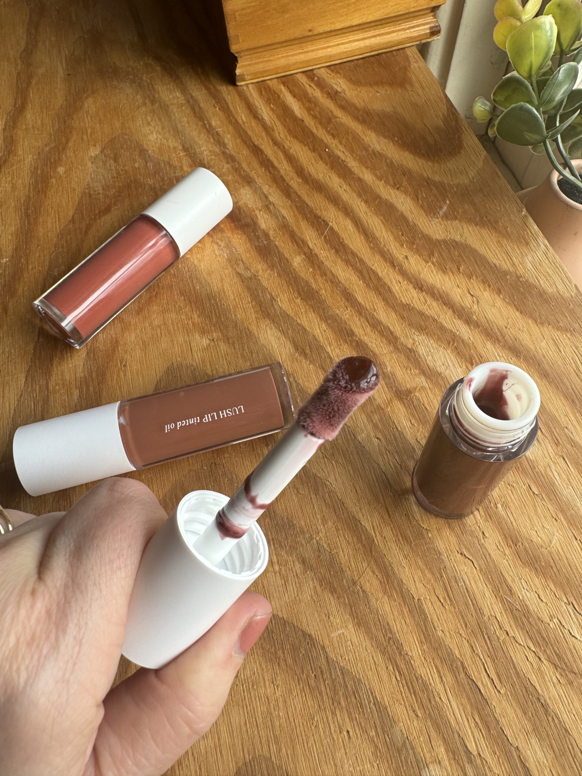 A hand holding an open tube of lipstick with the applicator showing. Two additional lipstick tubes rest on a wooden surface alongside a small potted plant.