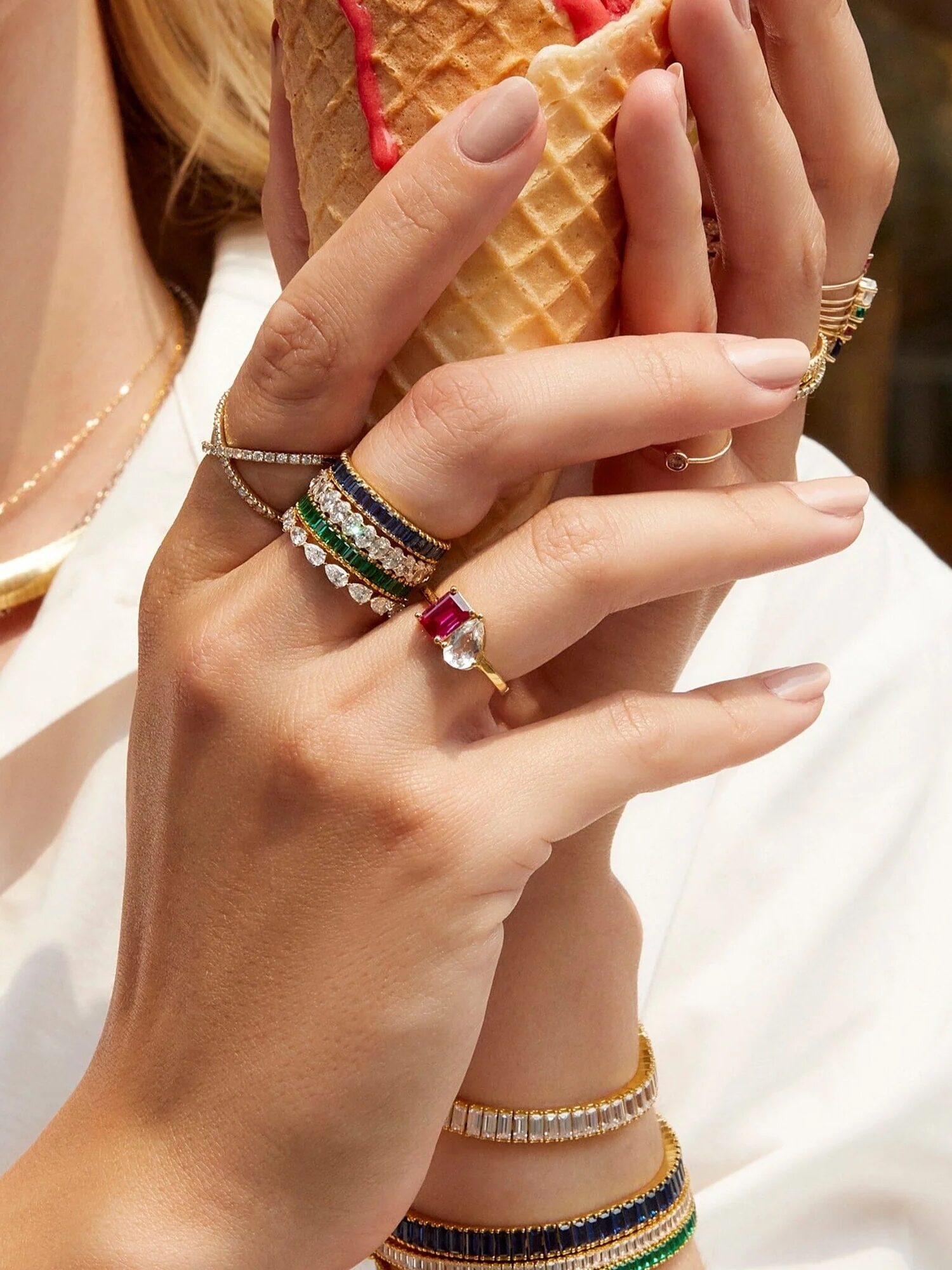 A model wearing Aurate rings.