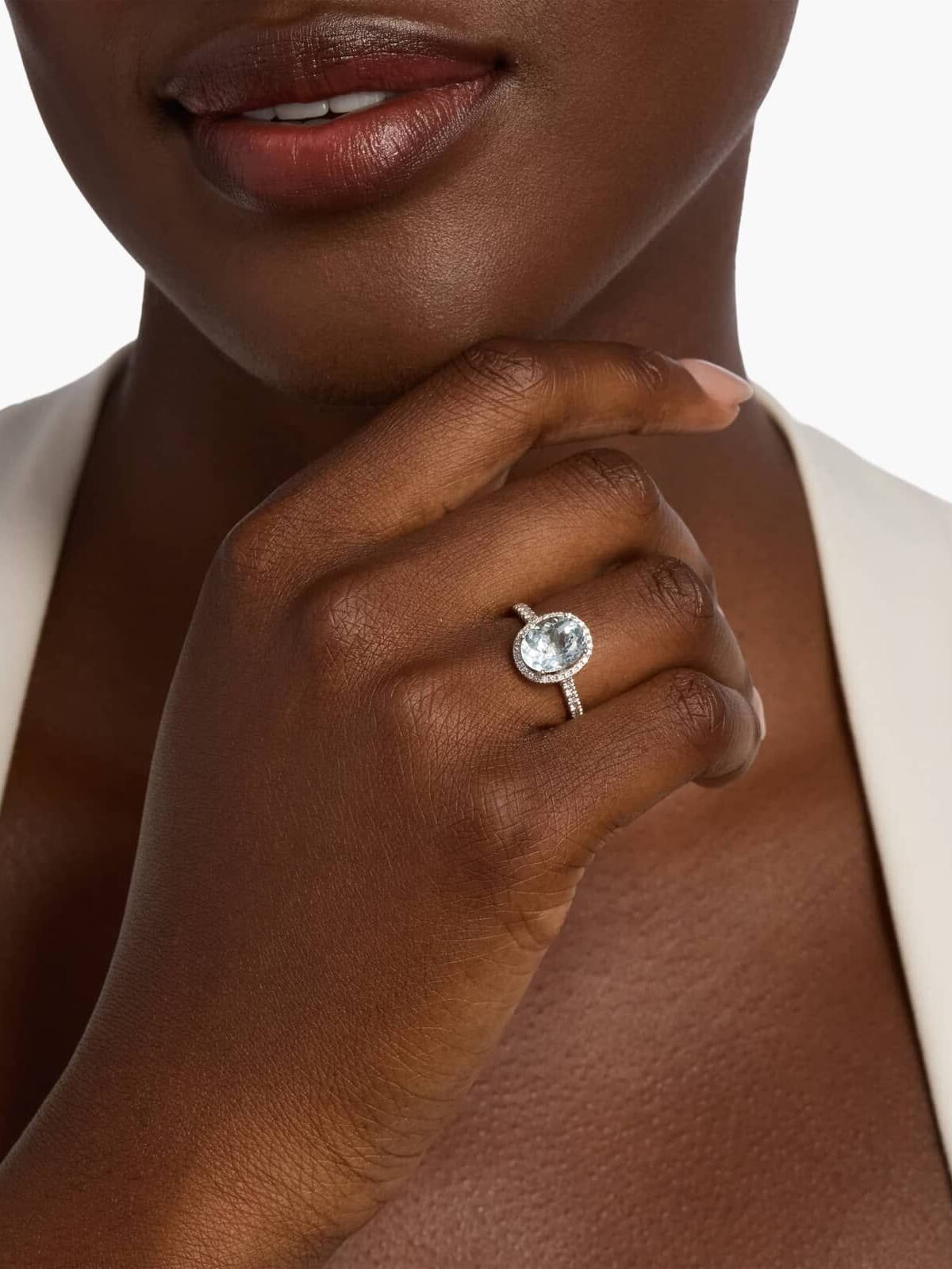 A model wearing a Blue Nile engagement ring.