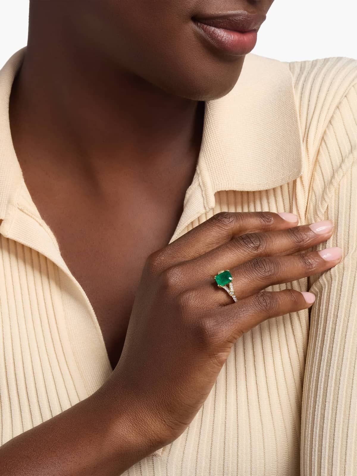 A model wearing a Blue Nile engagement ring.