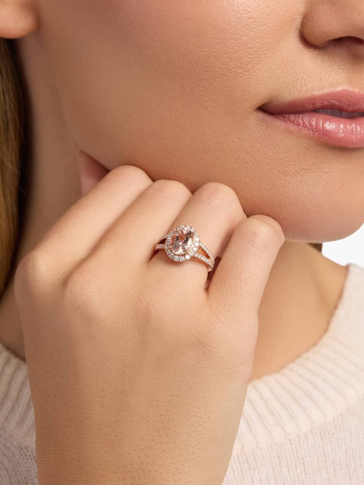 A model wearing a Blue Nile engagement ring.