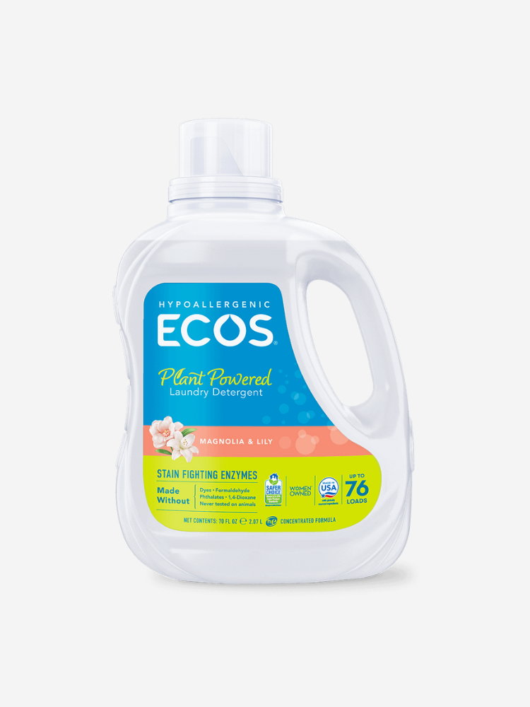 Bottle of ECOS Hypoallergenic Plant Powered Laundry Detergent with magnolia and lily scent, featuring a handle and labeling emphasizing stain-fighting enzymes.