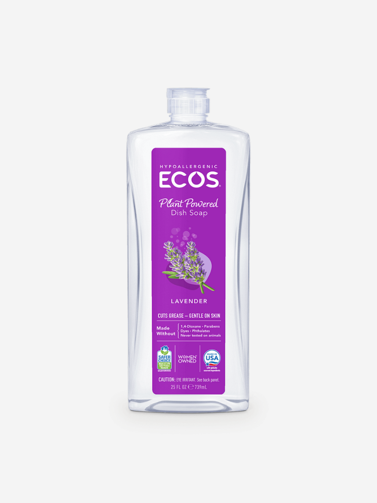 Clear bottle of ECOS lavender-scented dish soap with purple label, featuring lavender illustration and "Plant Powered" text.