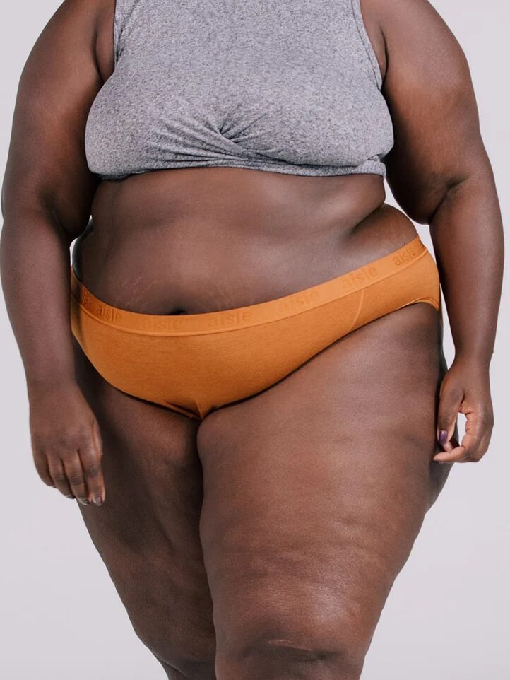 A plus size model wearing a pair of organic Period Aisle underwear. 