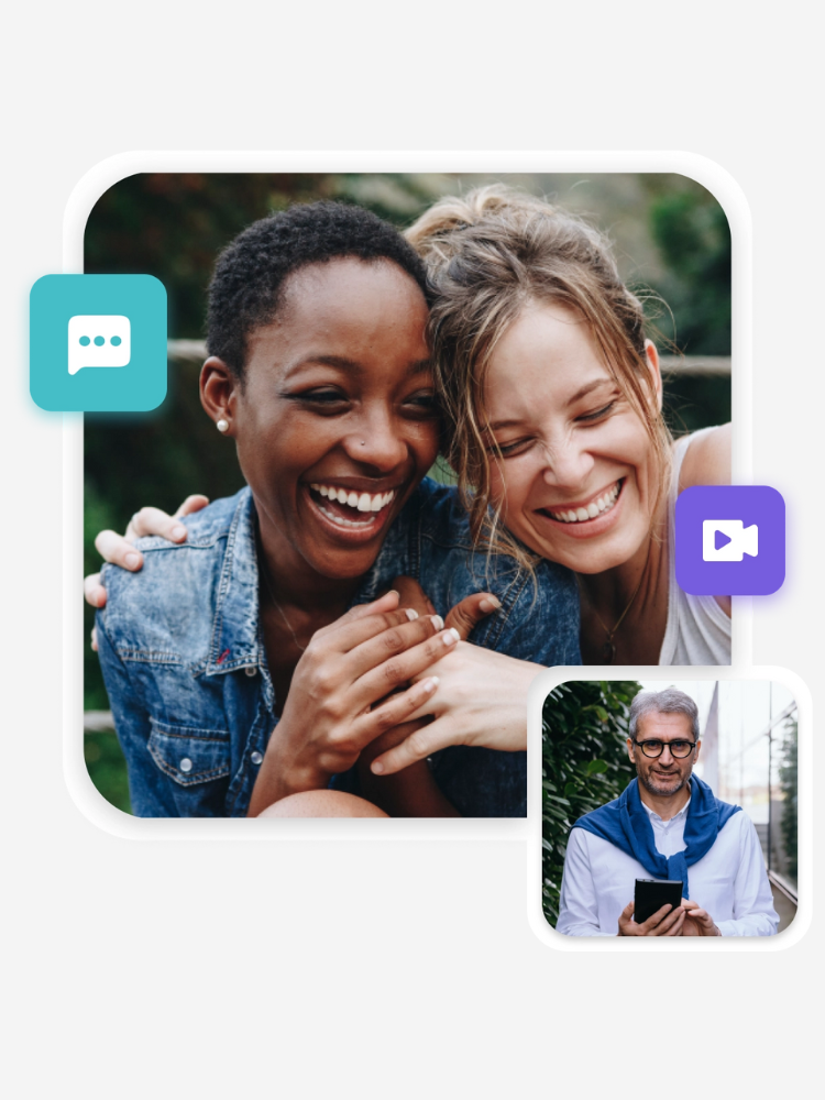 Two women laughing together, one wearing a denim jacket. Inset shows a man using a tablet, wearing glasses and a blue scarf. Chat and video call icons are displayed.