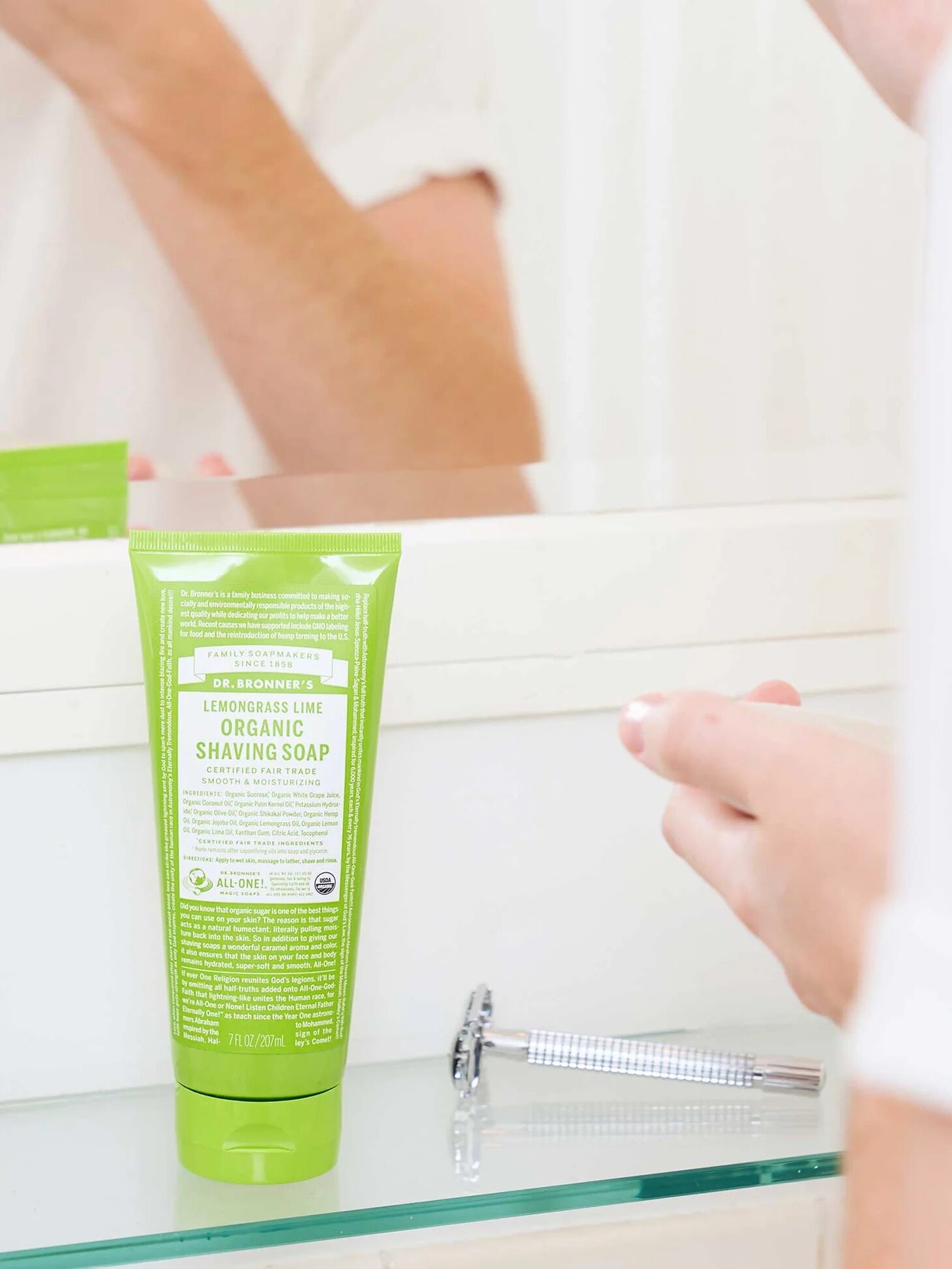 Dr. Bronner's shaving soap. 