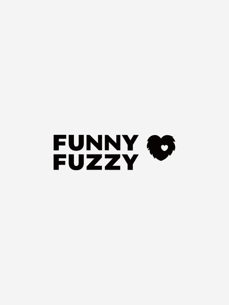 Black text "FUNNY FUZZY" with a heart symbol inside a fluffy shape on a light gray background.