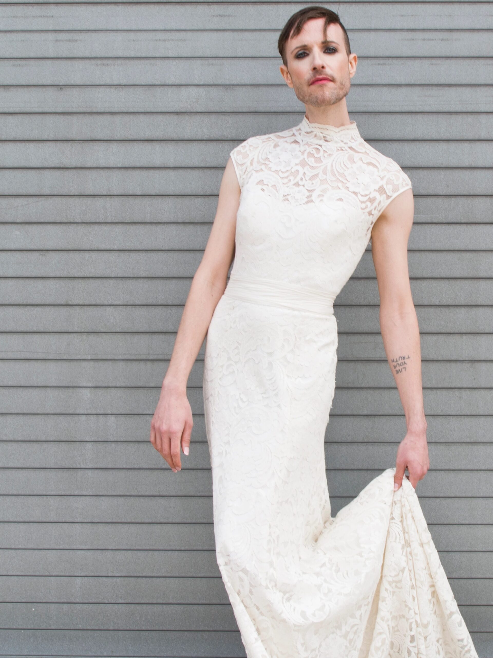 A model wearing a wedding dress from The Cotton Bride. 