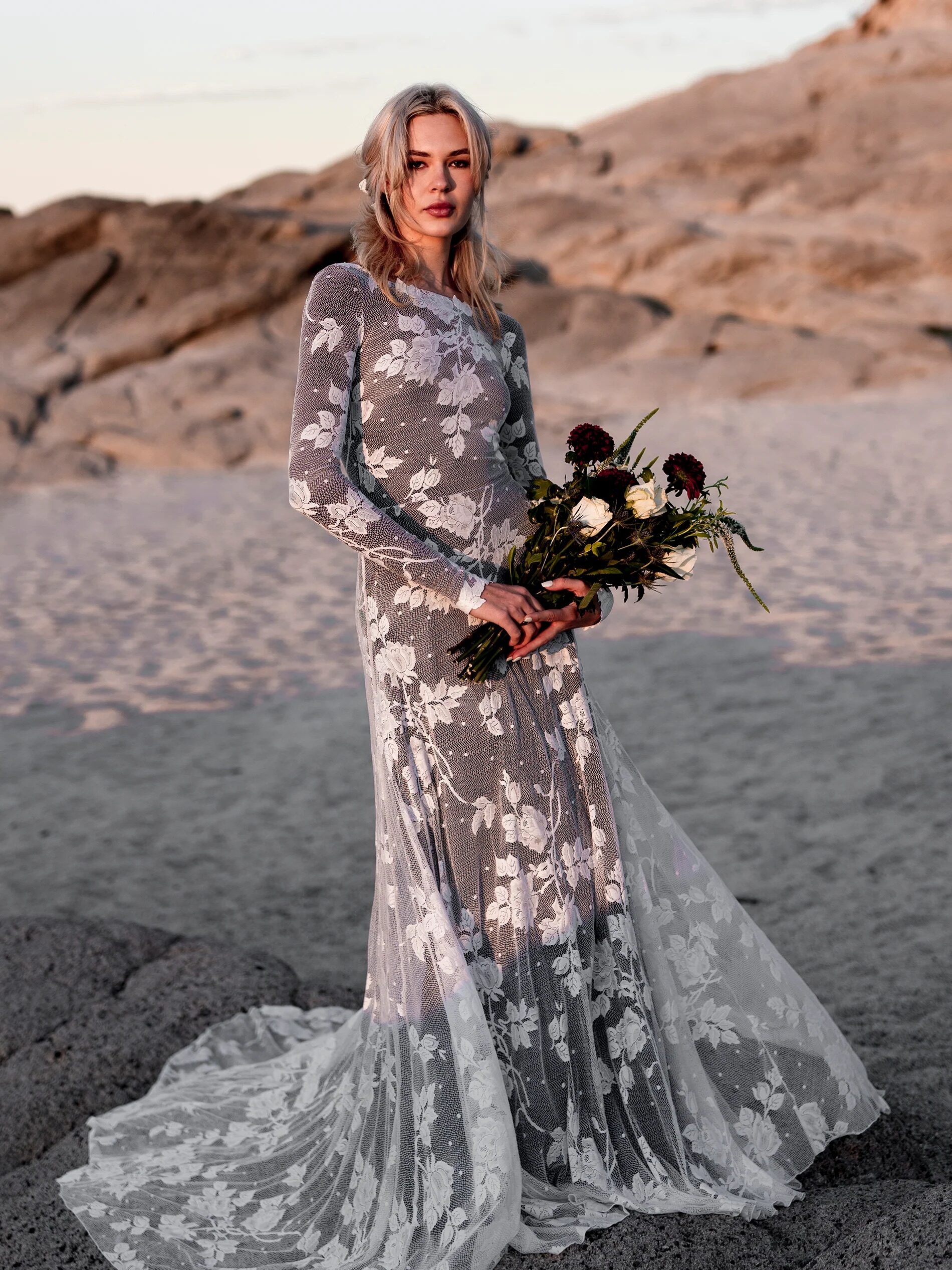 A model wearing a wedding dress from Wear Your Love.