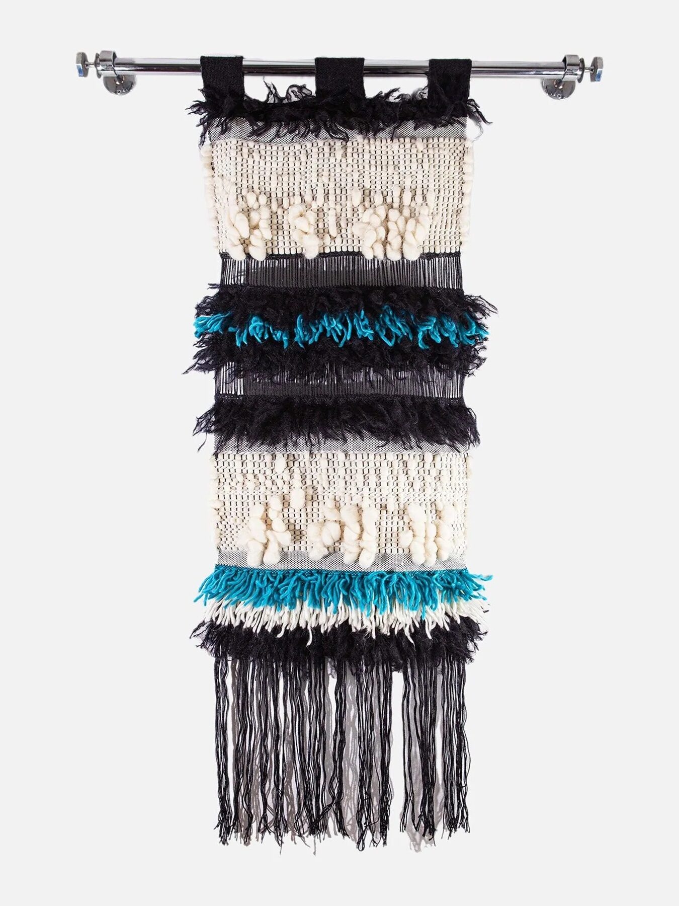 Boho wall art tapestry in white, black, and turquoise from 54kibo. 