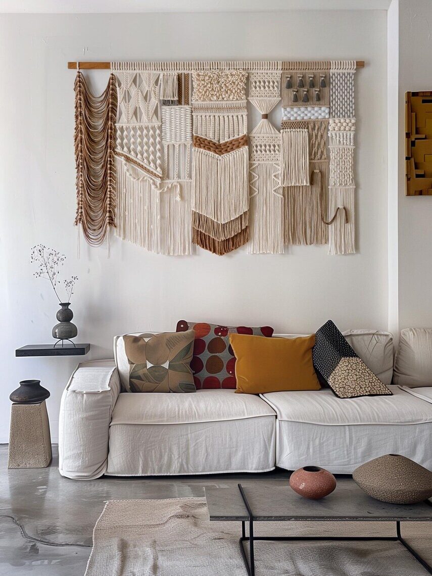 A large macrame wall art hanging in a living room above a couch. 