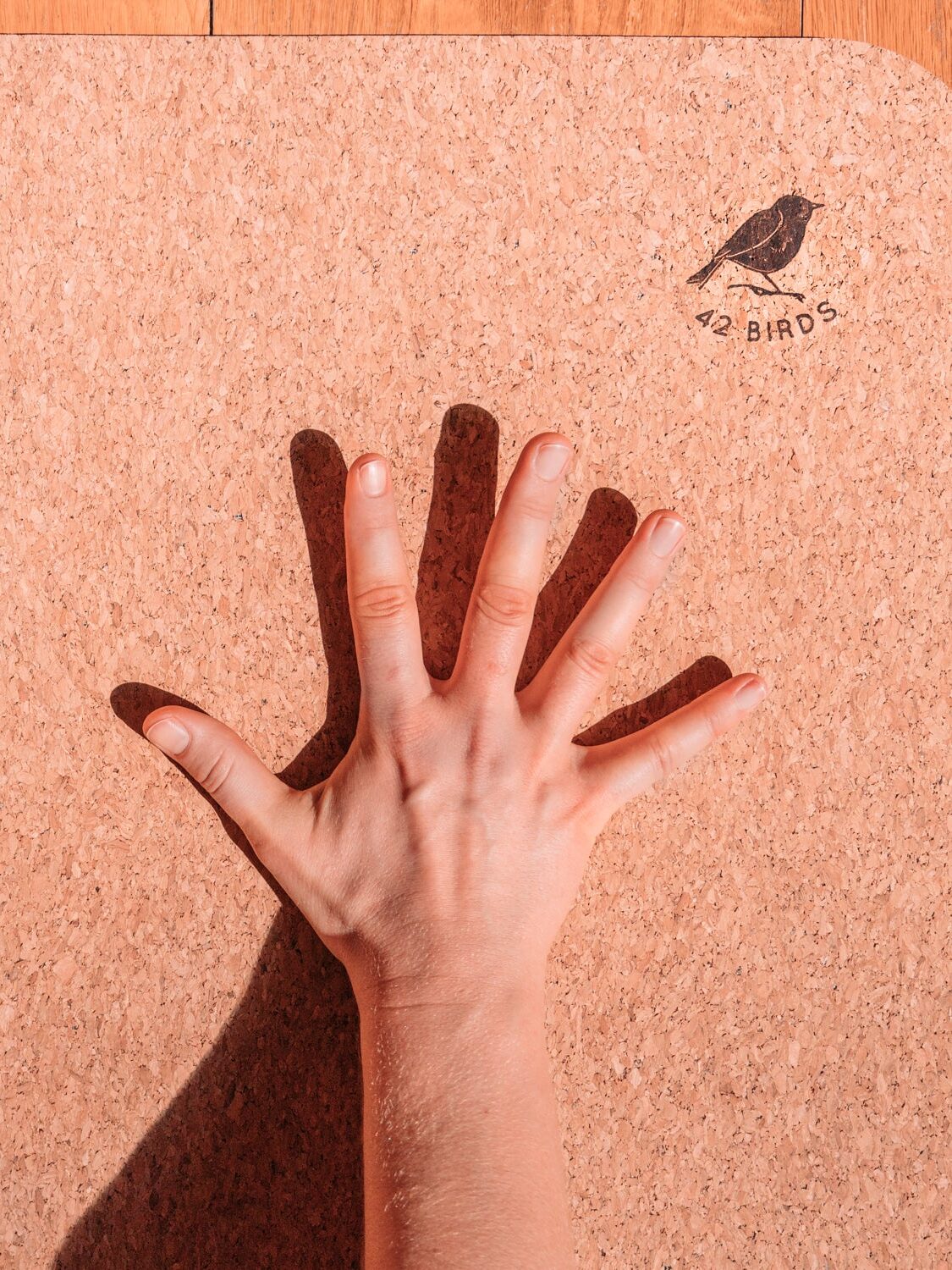 A hand on a 42 Birds yoga mat. 