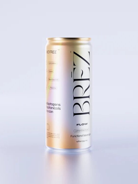 A sleek can of Brez Flow lemon elderflower beverage with adaptogens and botanicals on a light gray background.