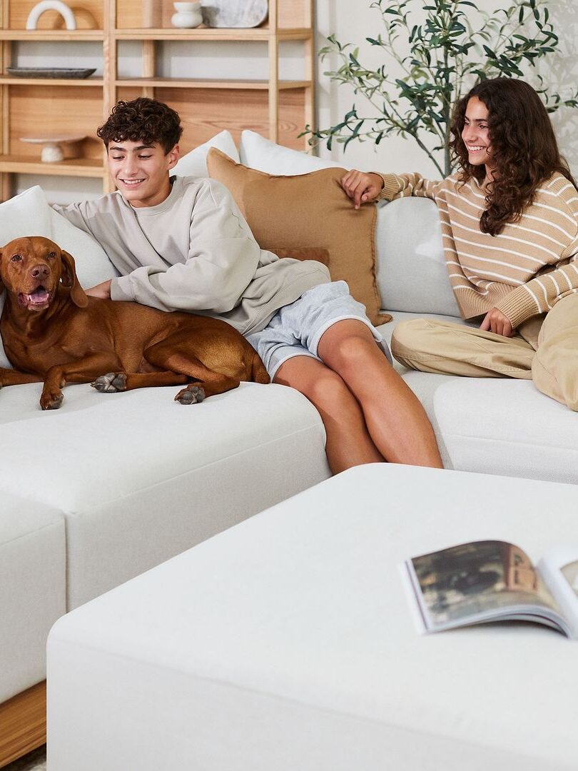 Two people sitting on a white sofa with a dog. A book is open on the table in front of them.