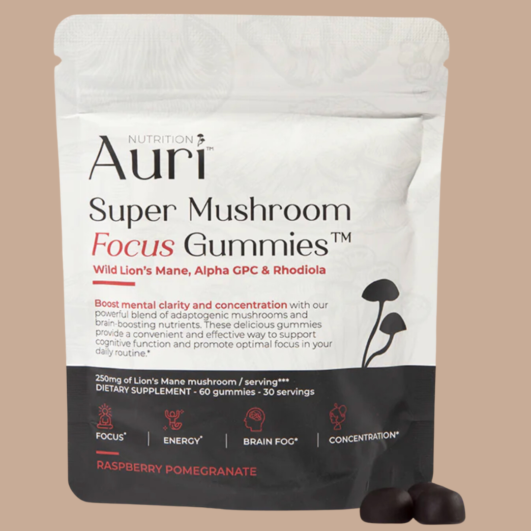 A package of Auri Super Mushroom Focus Gummies with Raspberry Pomegranate flavor, featuring Lion's Mane, Alpha GPC, and Rhodiola for mental clarity and concentration.