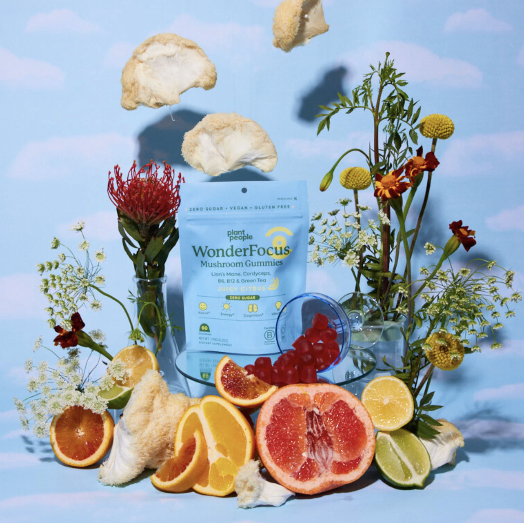 A package of WonderFocus Mushroom Gummies is surrounded by various fruits, flowers, and mushrooms against a blue sky background.