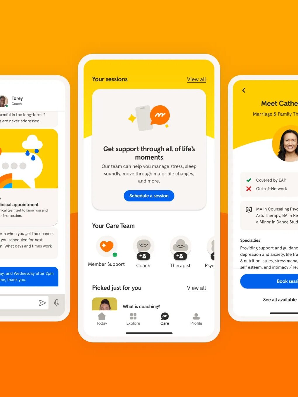 Three mobile app screens display mental health support features, including appointment setup, care team access, and therapist profiles with options for scheduling sessions.