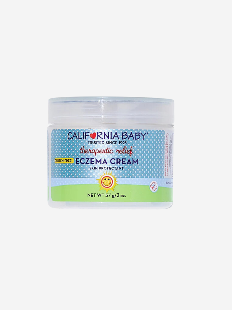 A jar of California Baby therapeutic relief eczema cream, gluten-free, with a net weight of 57 g/2 oz.