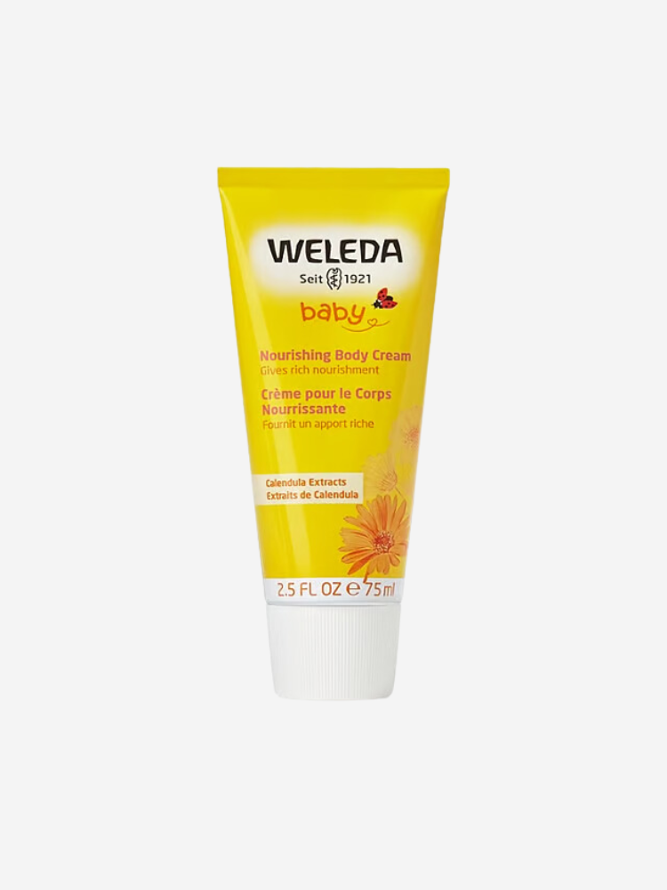 Yellow tube of Weleda baby nourishing body cream, 75 ml, with calendula extracts.