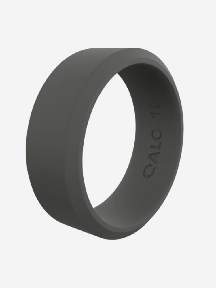 A matte gray silicone ring with "QALO" and the number "10" inscribed inside.