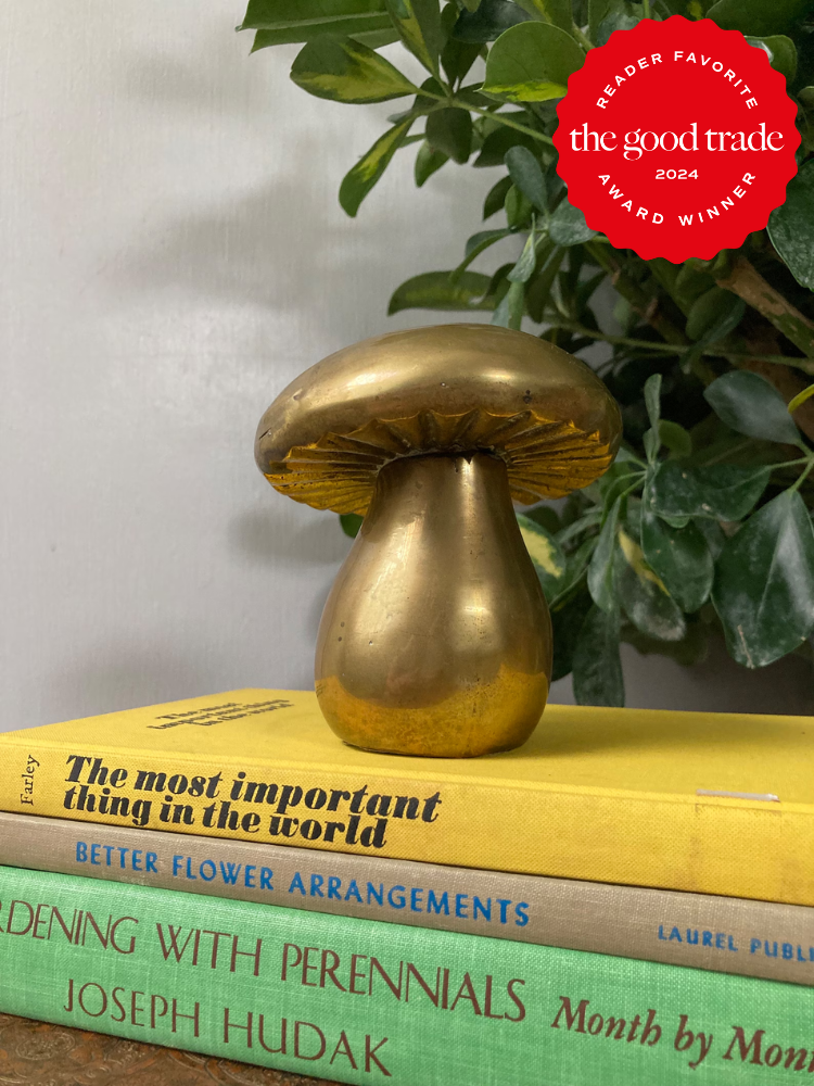 A gold mushroom sculpture sits on a stack of three books in front of a leafy plant.