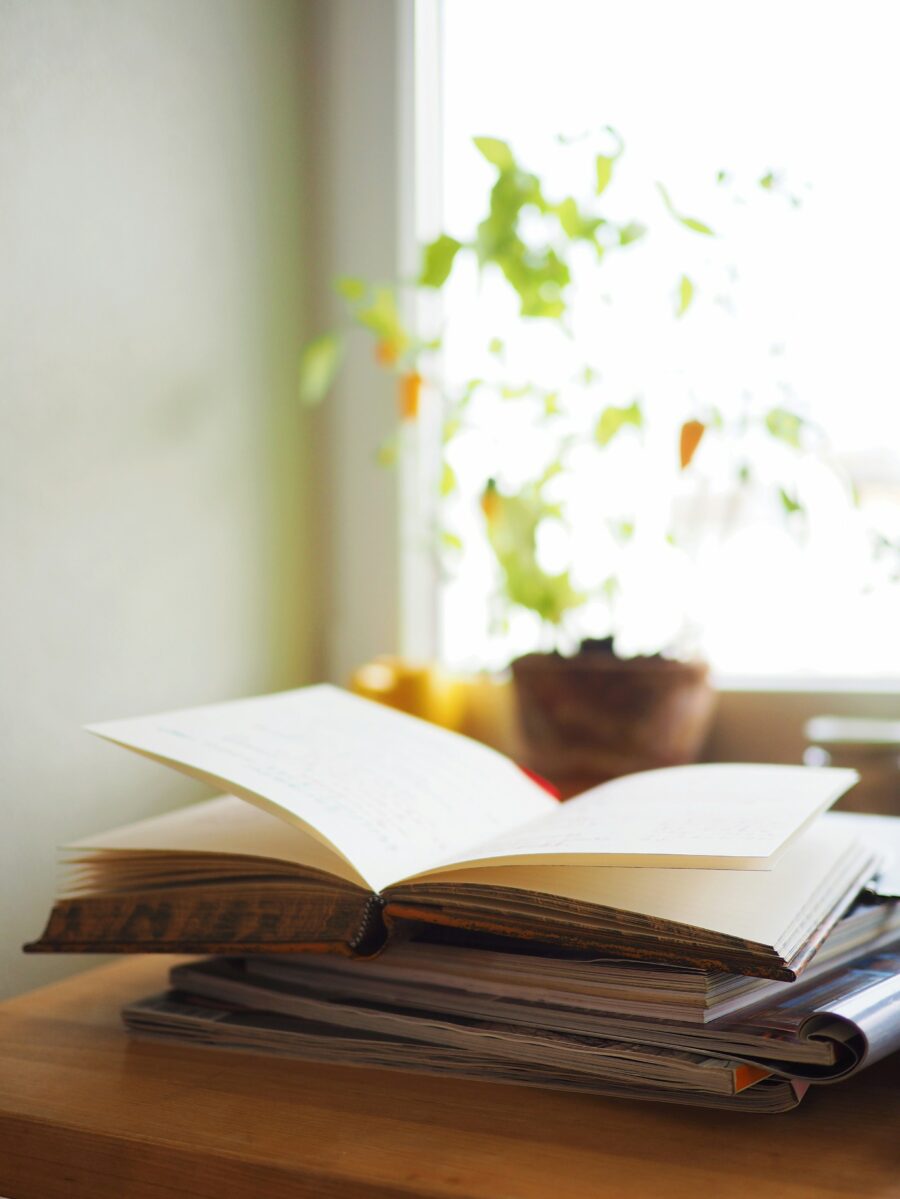 An open book rests on top of a stack of magazines on a wooden table near a window with a potted plant in the background.