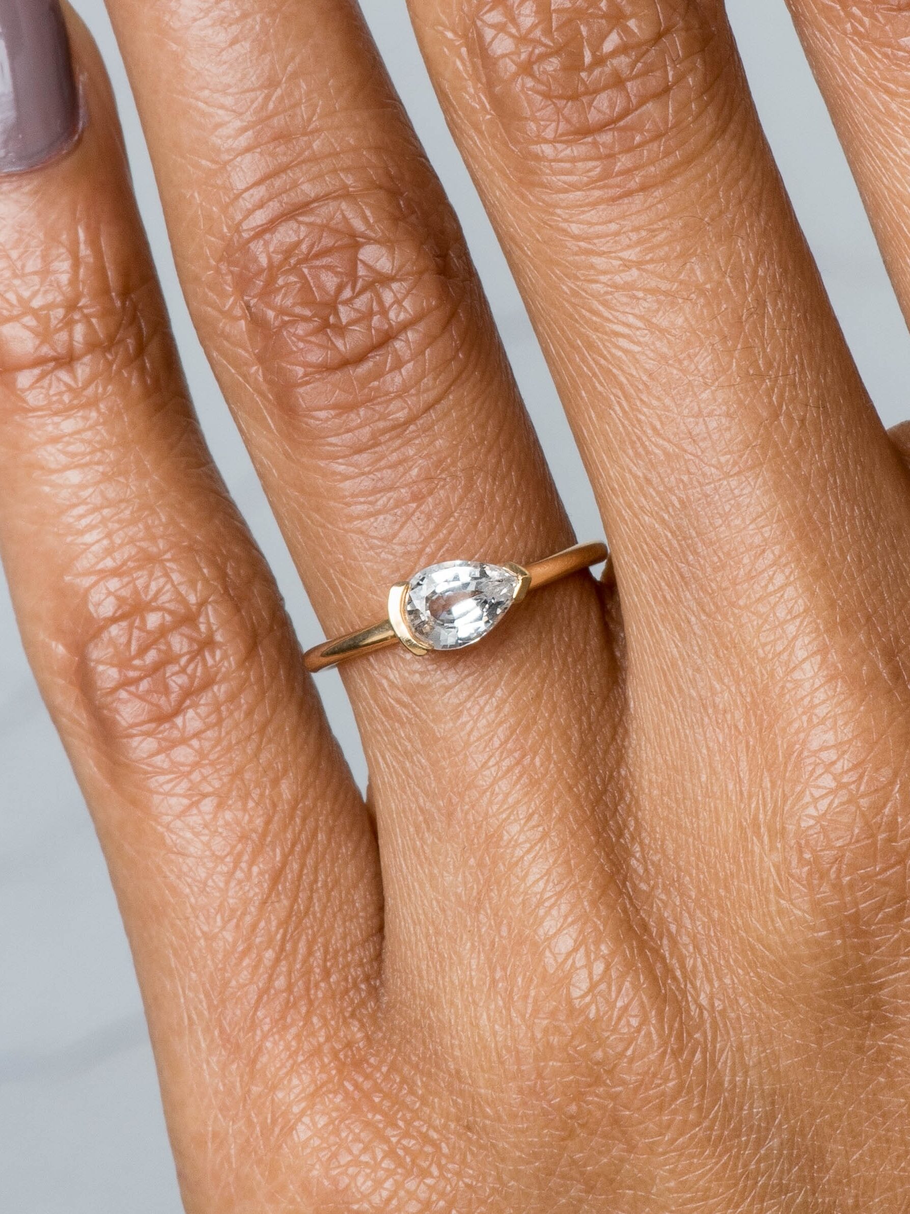 A hand wearing a gold ring with a pear-shaped clear gemstone.