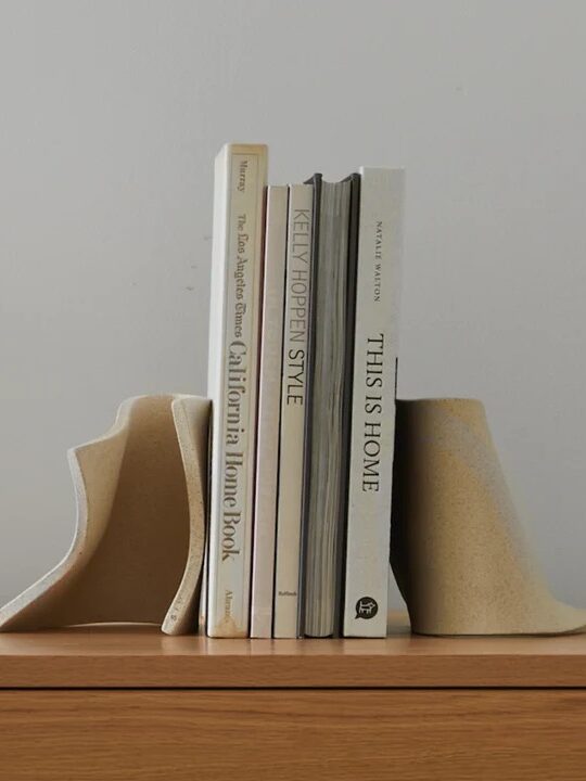 Four books are placed between two abstract beige bookends on a wooden surface against a plain white wall.