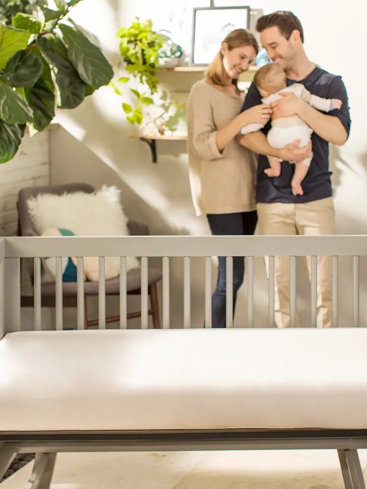 A couple stands in a sunlit room holding a baby near a gray crib. Green plants and a shelf are in the background.