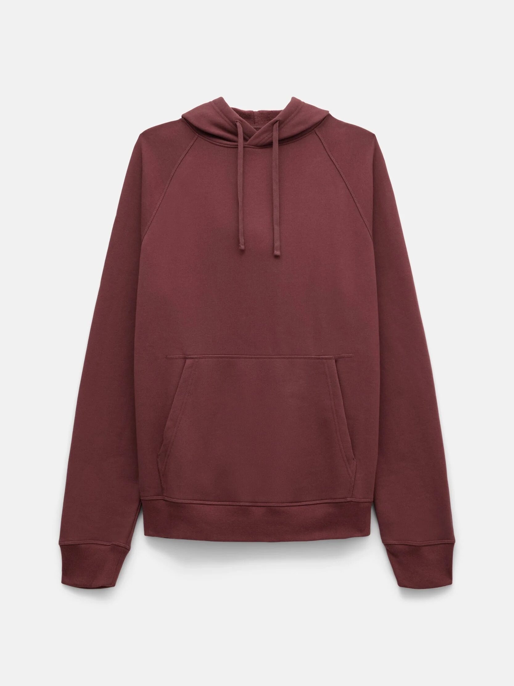 A plain maroon hooded sweatshirt with a front pocket and drawstrings, displayed against a white background.