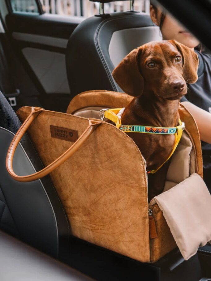 A brown dog sits in a tan pet carrier on a car seat next to a person wearing a black shirt.