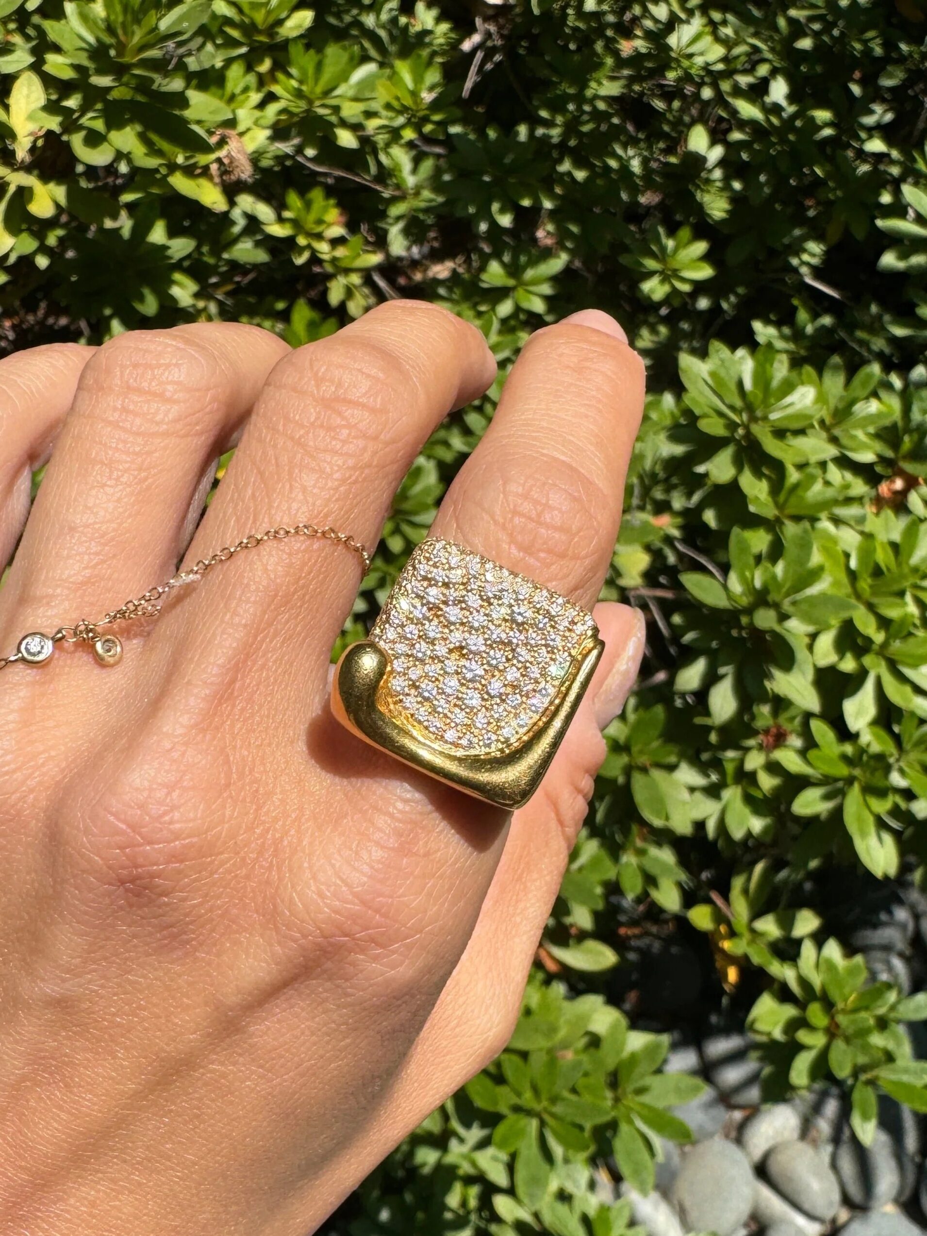 Close-up of a hand wearing a large gold ring with diamonds, standing against a backdrop of lush green leaves.