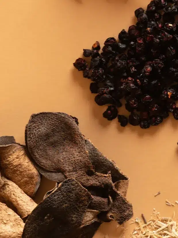 Assorted dried herbs and berries on a light brown surface.