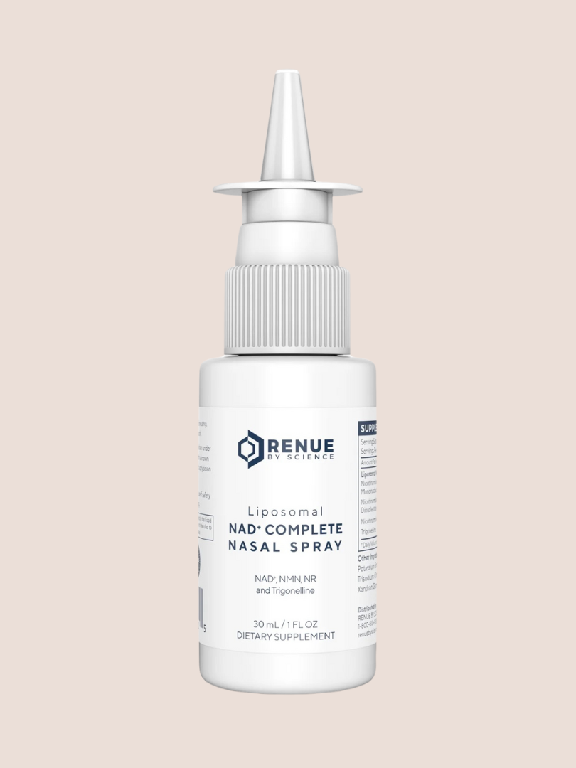 A white bottle of Renue by Science Liposomal NAD Complete Nasal Spray with a pointed nozzle and detailed label.