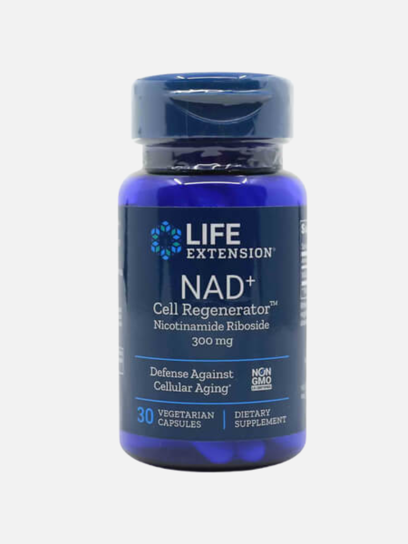 Blue bottle of Life Extension NAD+ Cell Regenerator, 300 mg, featuring 30 vegetarian capsules. Labeled as non-GMO and a dietary supplement for defense against cellular aging.