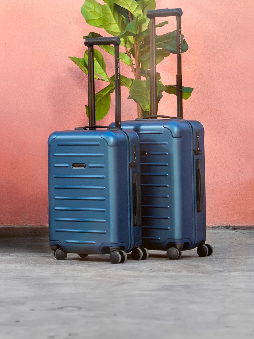 Two blue hard-shell suitcases with extended handles stand on a concrete floor against a peach-colored wall and a green plant.