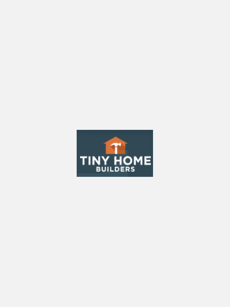 The image shows the logo of Tiny Home Builders, featuring a white hammer inside an orange house icon above the company name in white text on a dark blue background.