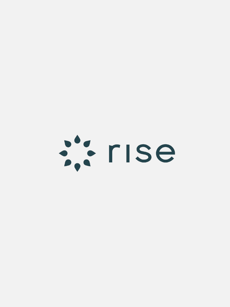 Logo with the word "rise" in lowercase letters and a geometric symbol composed of teardrop shapes arranged in a circle on the left.