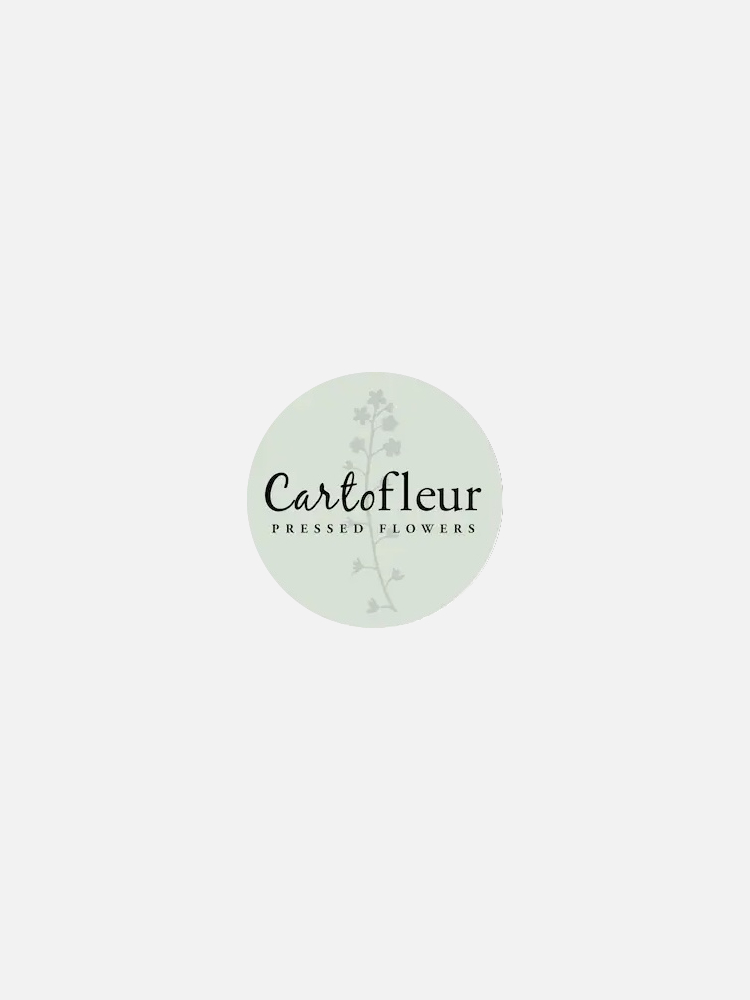 Round logo reading "Cart of Fleur, Pressed Flowers" with a subtle floral background.